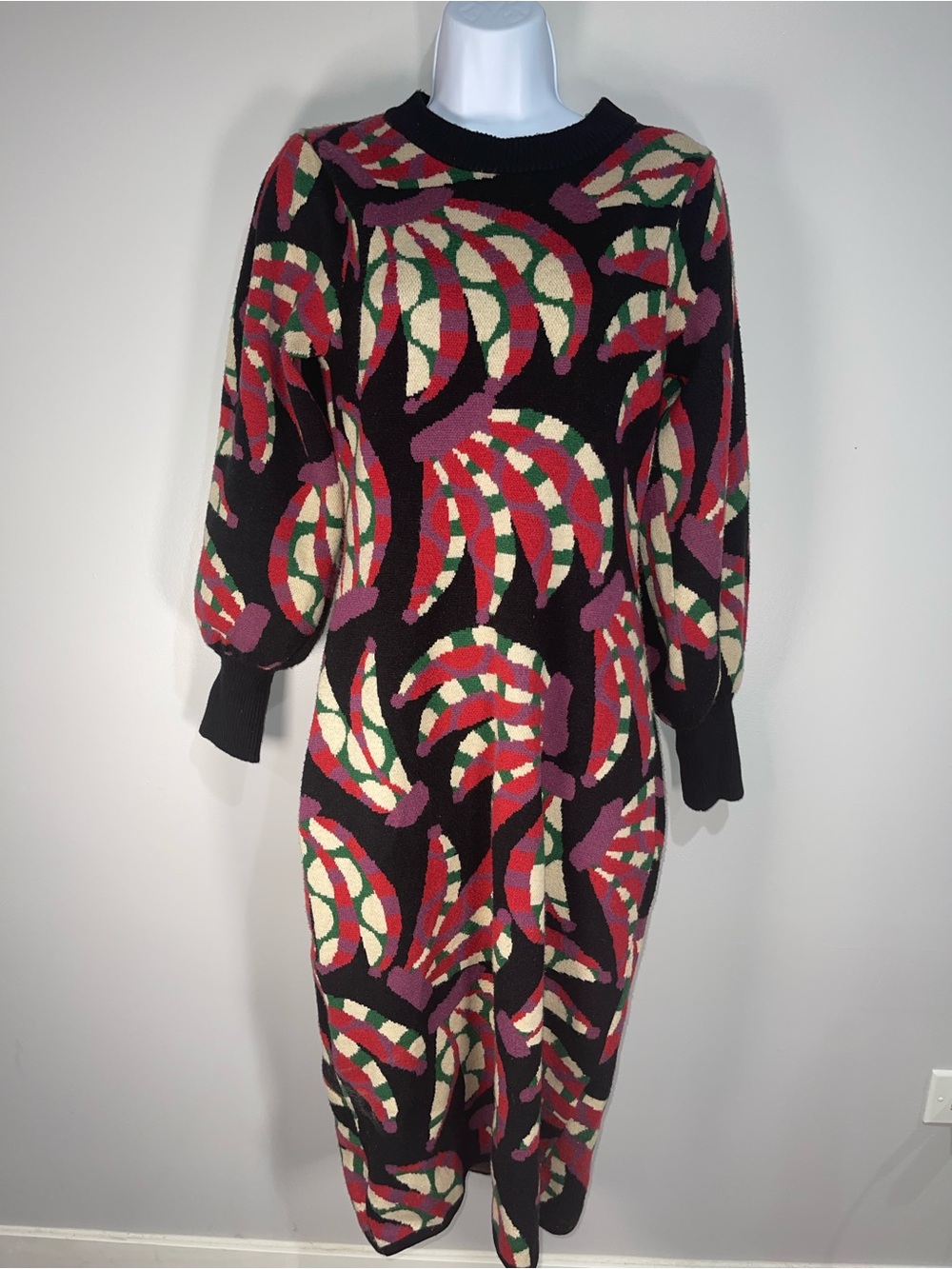 Farm Rio Banana Dot Abstract Multicolor Knit Midi Dress with Long Sleeves Sz. M